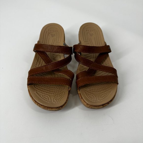 Crocs Sandals Brown Leather A-Leigh Cork Low Wedge Size 8 Slip On - Picture 11 of 11